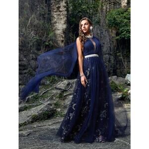 Prom Gifnisiti Galaxy Gown Dress  Navy Silver Gold Celestial Zodiac Pegasus XL